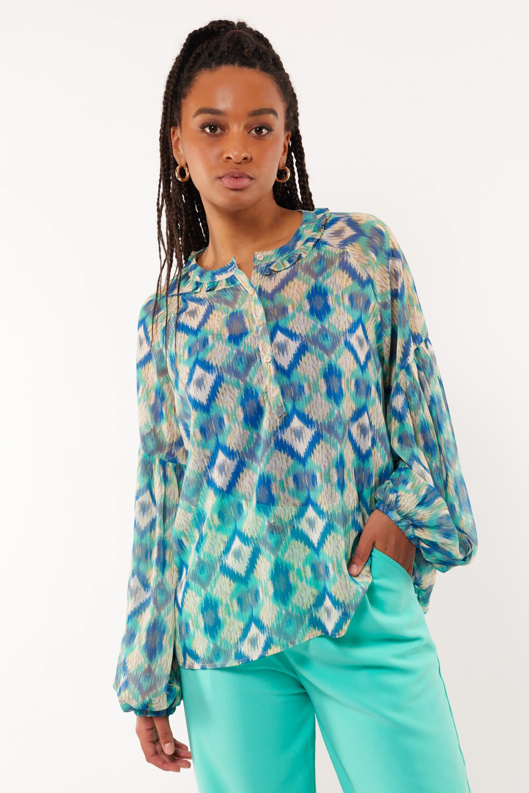 Talia blouse | Ecru/Pool Green